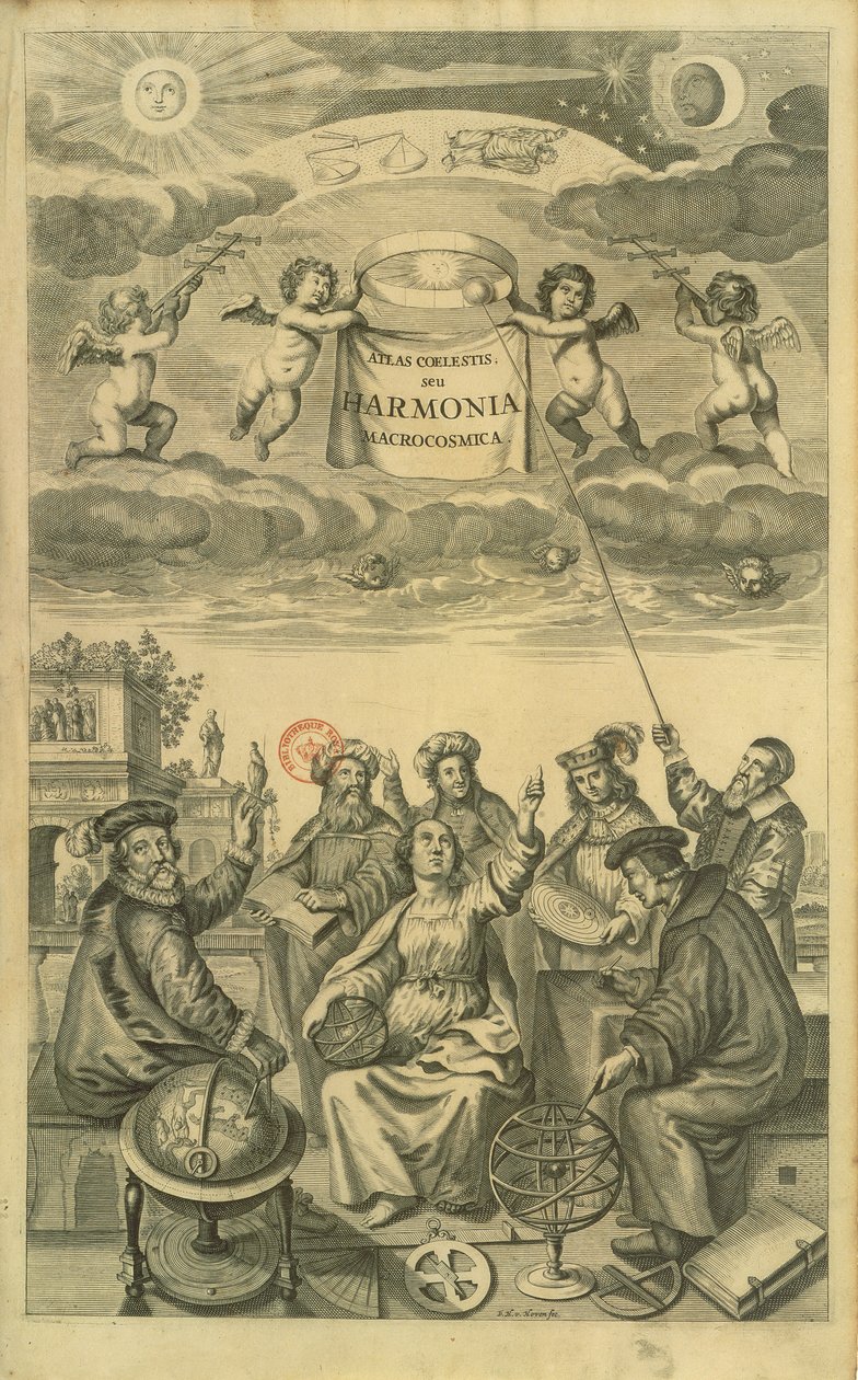 Az "Égi atlasz, vagy a világegyetem harmóniája" (Atlas coelestis seu harmonia macrocosmica) címlapja Amszterdam, 1660 körül, készítette Andreas Cellarius. alkotó: Frederick Hendrick van Hove