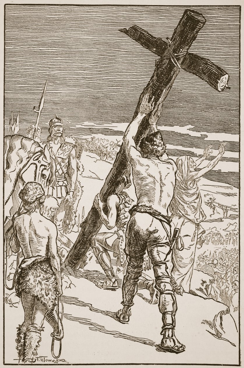 Oswald keresztet állít, illusztráció a „The Church of England: A History for the People” című könyvéből, H.D.M. Spence-Jones, kocsma. 1910 körül (szépia fotó) alkotó: Frederick Henry Townsend