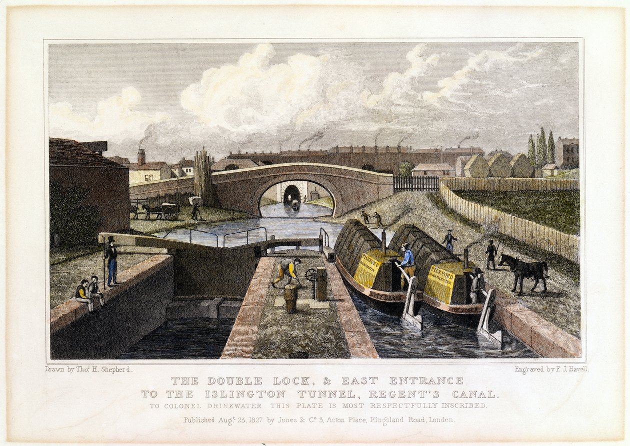 A kettős zár és az Islington-alagút keleti bejárata, Regents-csatorna, 1827 alkotó: Frederick James Havell