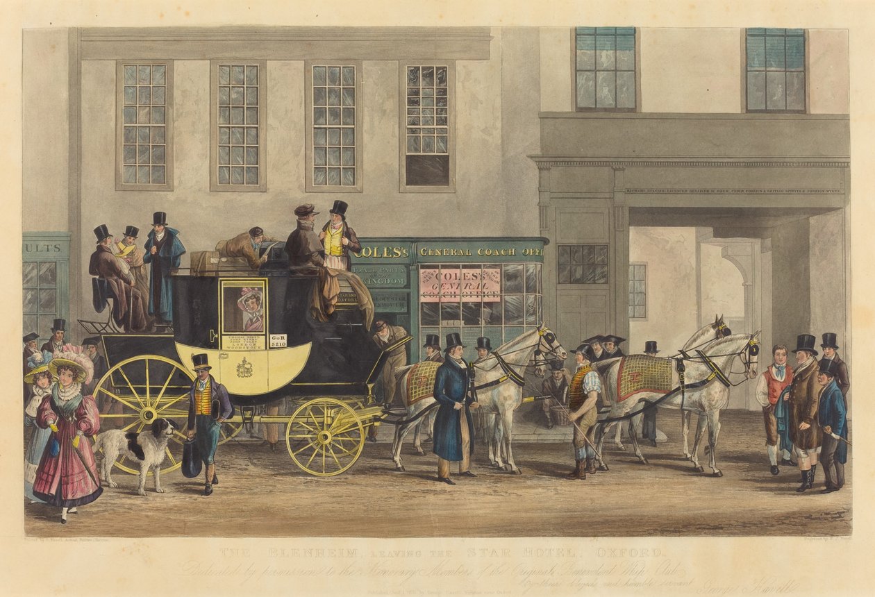 A Blenheim, elhagyva a Star Hotelt, Oxford alkotó: Frederick James Havell after George Havell
