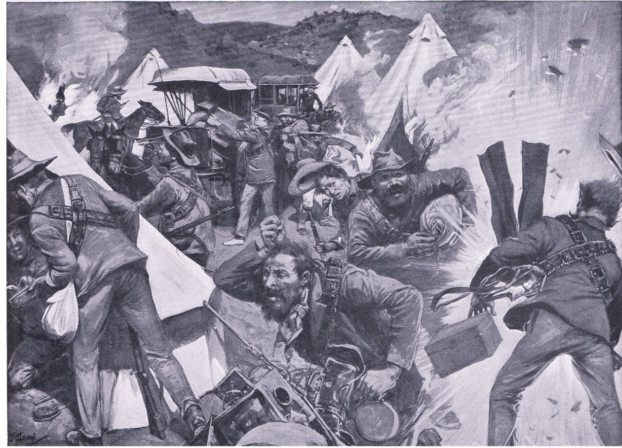 A nooitgedachti brit tábort tüzérségi tűz alatt kifosztó búrok az After Pretoria: The Guerilla War című filmből, amelyet a Harmsworth Bros Limited adott ki, 1901 alkotó: Frederick Judd Waugh