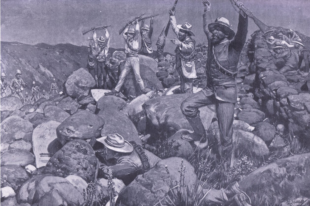 A színlelt megadás, amely a liverpooliakat kétségbeesett helyzetbe hozta, illusztráció az After Pretoria: The Guerilla War, 1902-ből alkotó: Frederick Judd Waugh