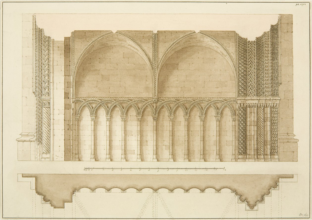 College Gateway, metszet és terv (ceruza és akvarell papíron) alkotó: Frederick Mackenzie