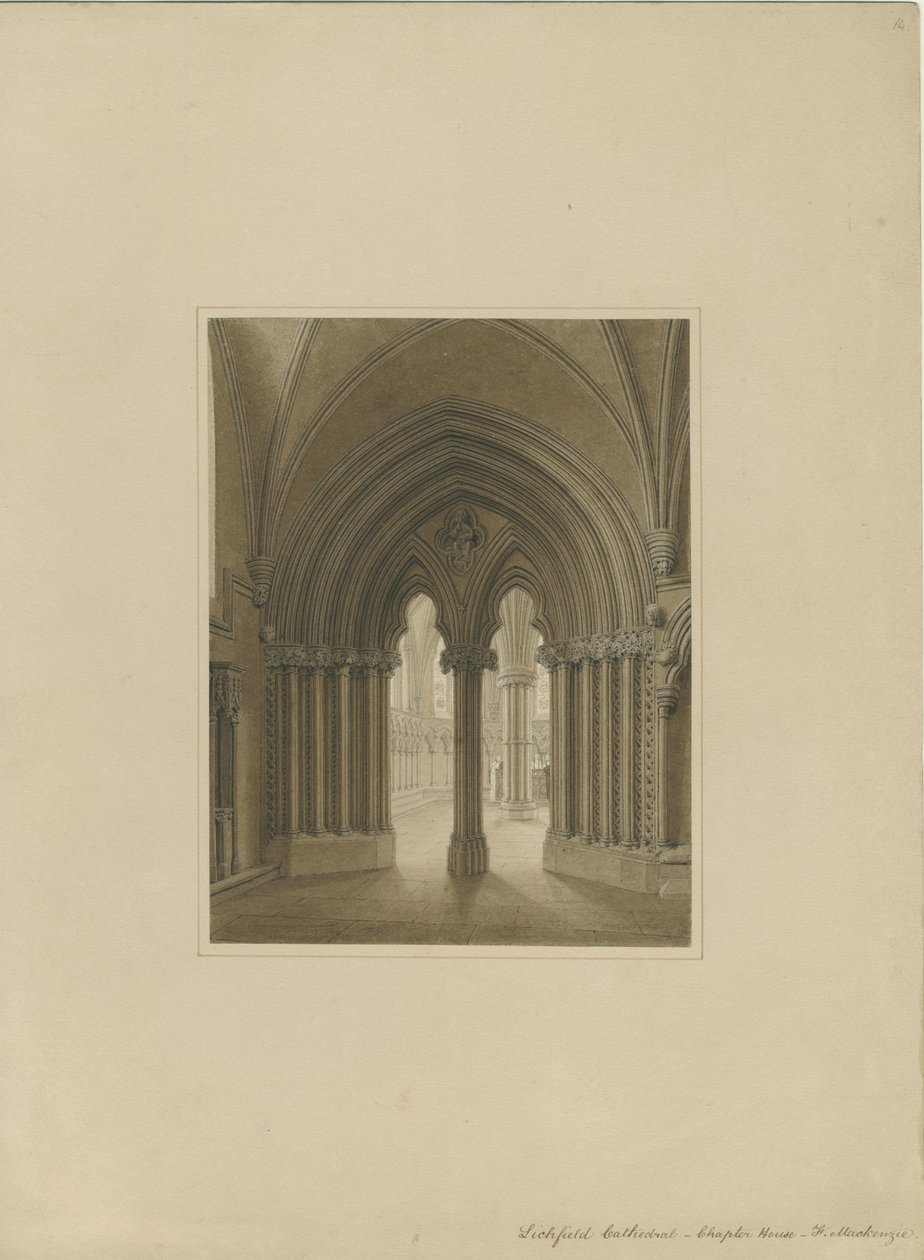 Lichfield székesegyház belseje – Káptalanház ajtaja: szépia rajz, és [c 1820] alkotó: Frederick Mackenzie
