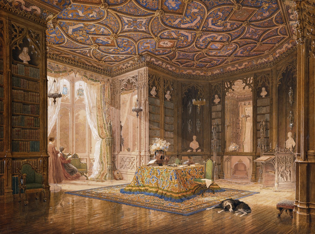 A Stanmore Hall könyvtára, Robert Holland székhelye, Esq, alkotó: Frederick Mackenzie