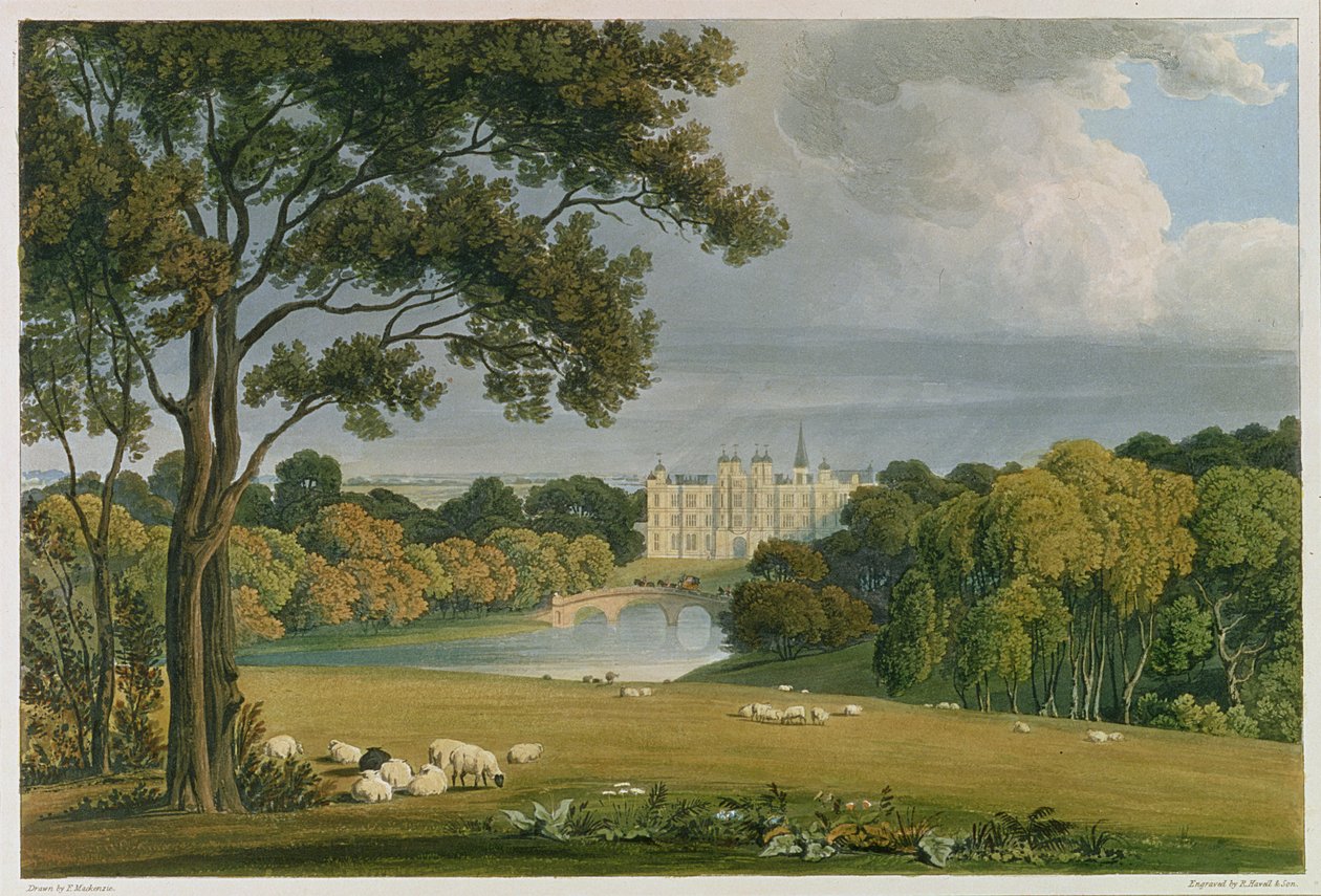 Kilátás a Burghley-házra, Exeter márki székhelyére, metszett és kiadó: Robert Havell (1769-1832), 1819 (színes metszet) alkotó: Frederick Mackenzie