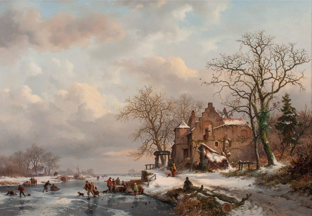 Téli táj korcsolyázókkal a befagyott folyón, 1862 alkotó: Frederick Marianus Kruseman