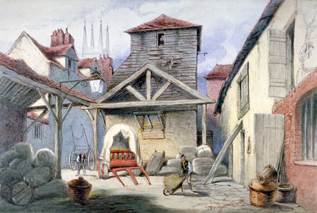 A Rose Inn udvara, Farringdon Street, London City, 1838. alkotó: Frederick Napoleon Shepherd