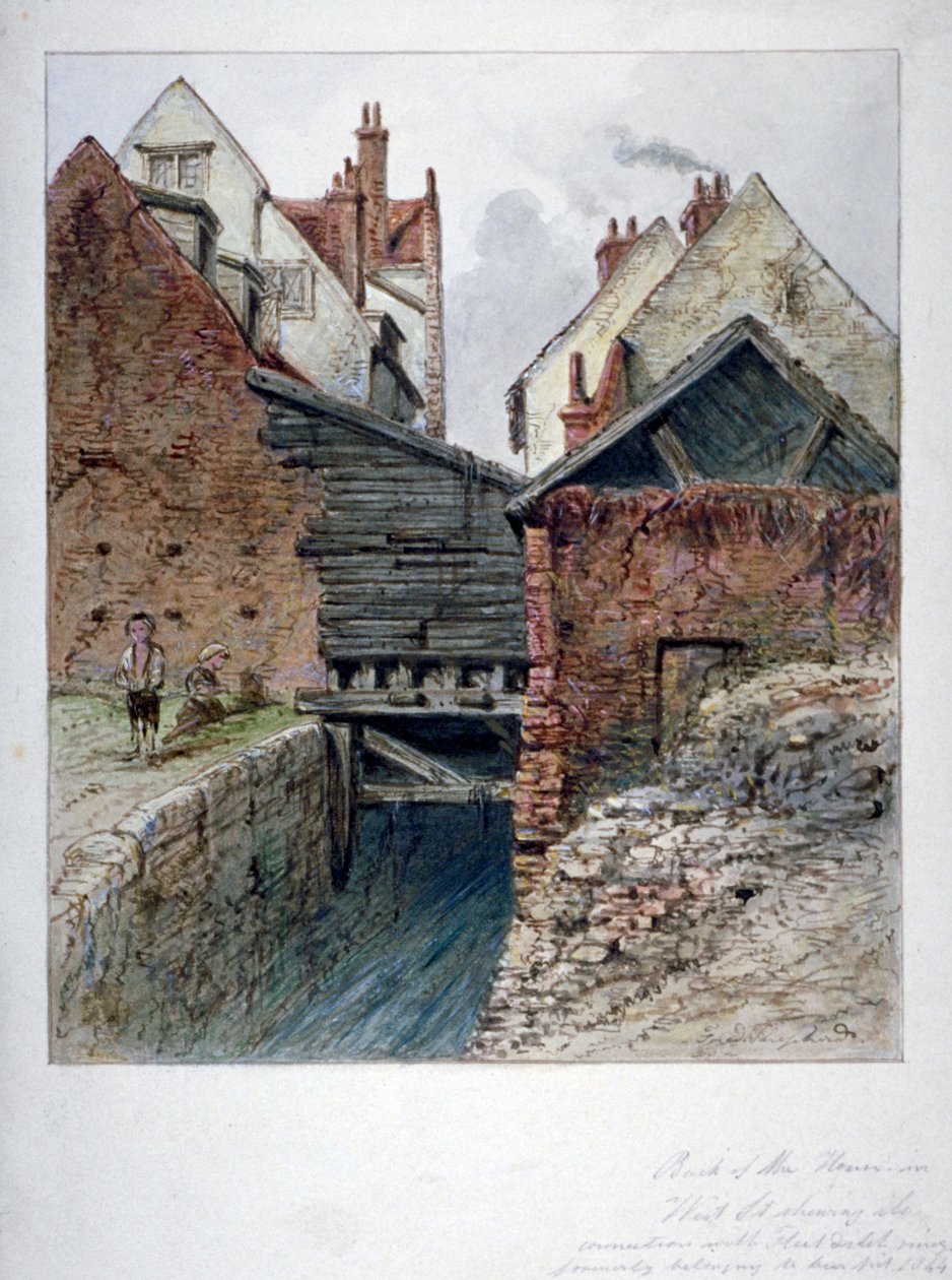Kilátás egy Chick Lane-i ház hátuljáról, amelyen a Fleet Ditch látható, City of London, 1844 alkotó: Frederick Napoleon Shepherd