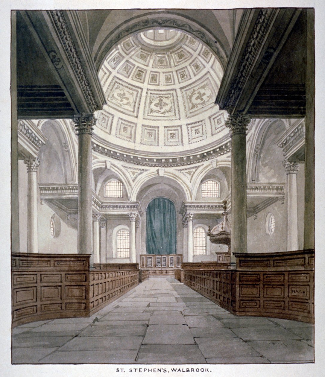 St Stephen Walbrook templom, London City, 1840. alkotó: Frederick Nash