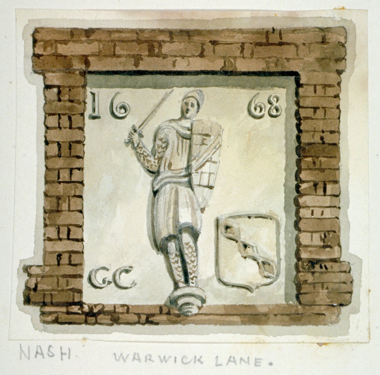Guy, Warwick grófjának képmása egy ház falán a Warwick Lane-ben, London Cityben, 1820. alkotó: Frederick Nash