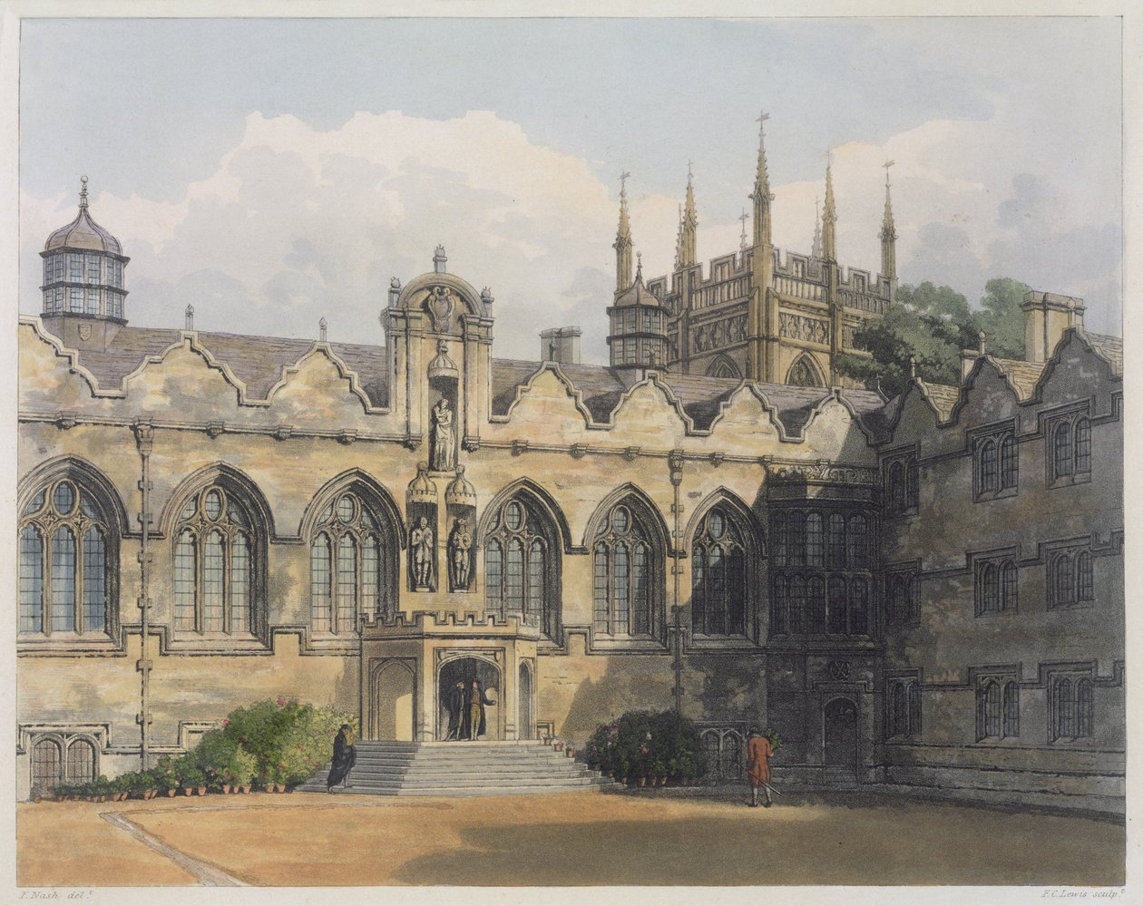 Az Oriel College külseje, illusztráció az "Oxford története" című műből, metszette F. C. Lewis (1779-1856), kiadta R. Ackermann, 1813 (akvatinta). alkotó: Frederick Nash