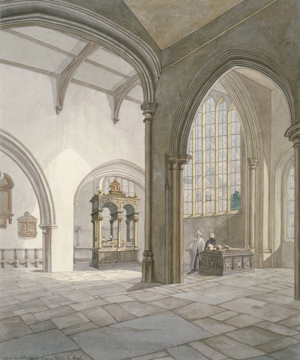 A Szent Helen-templom belső délnyugati nézete, Bishopsgate, London City, 1820 alkotó: Frederick Nash