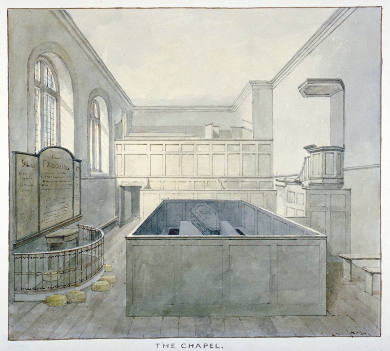 A kápolna belső képe a Newgate börtönben, Old Bailey, London City, 1840 alkotó: Frederick Nash