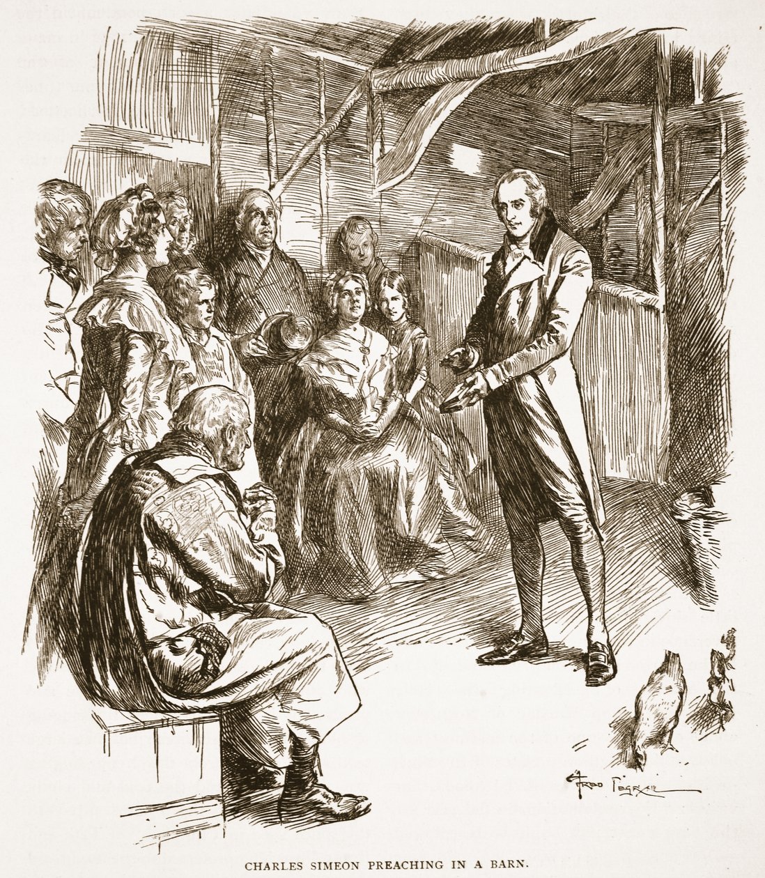 Charles Simeon egy istállóban prédikál, illusztráció a 