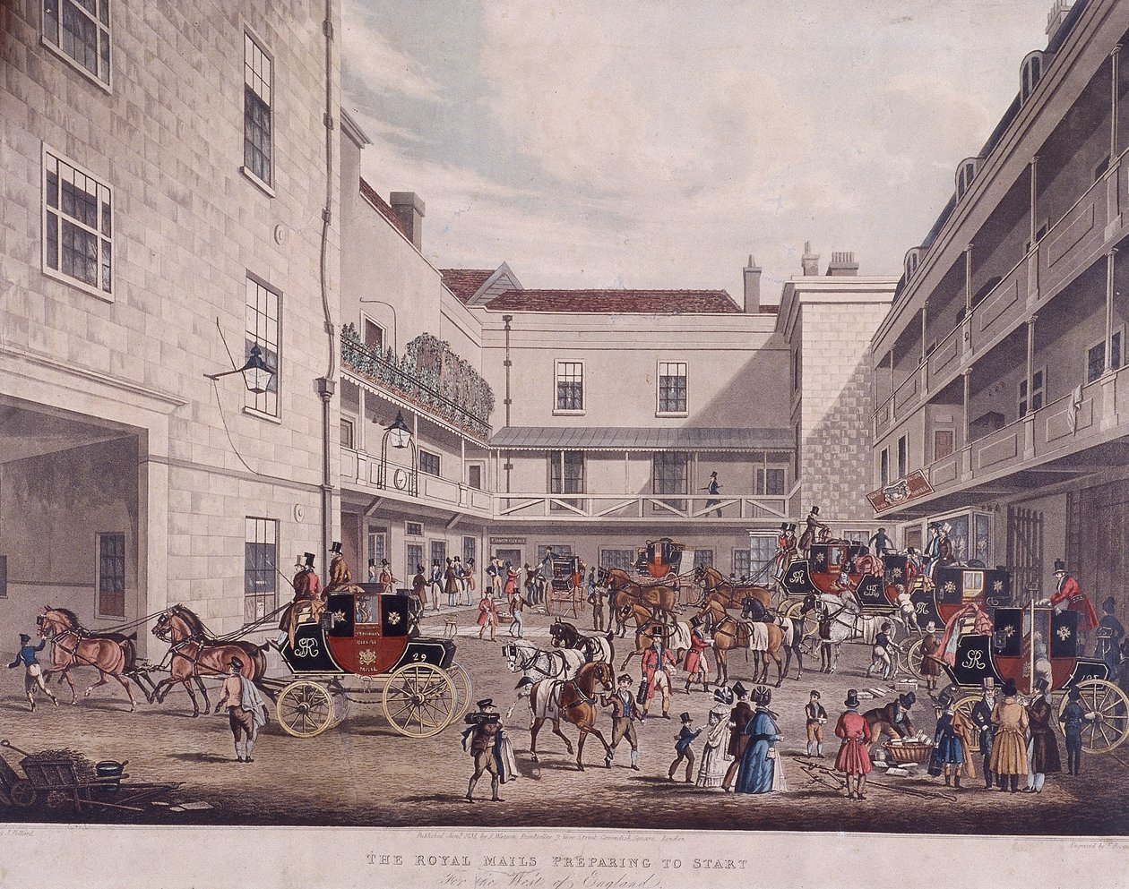Királyi postakocsik a Lad Lane-ben, London, 1831 alkotó: Frederick Rosenberg