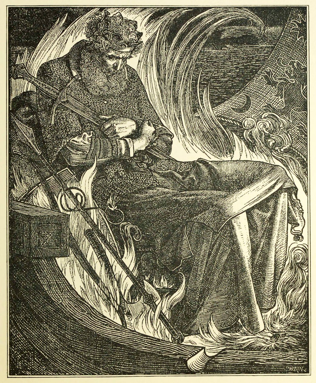 Warwulf király halála, kocsma. 1915-ös metszet, 1915. alkotó: Frederick Sandys
