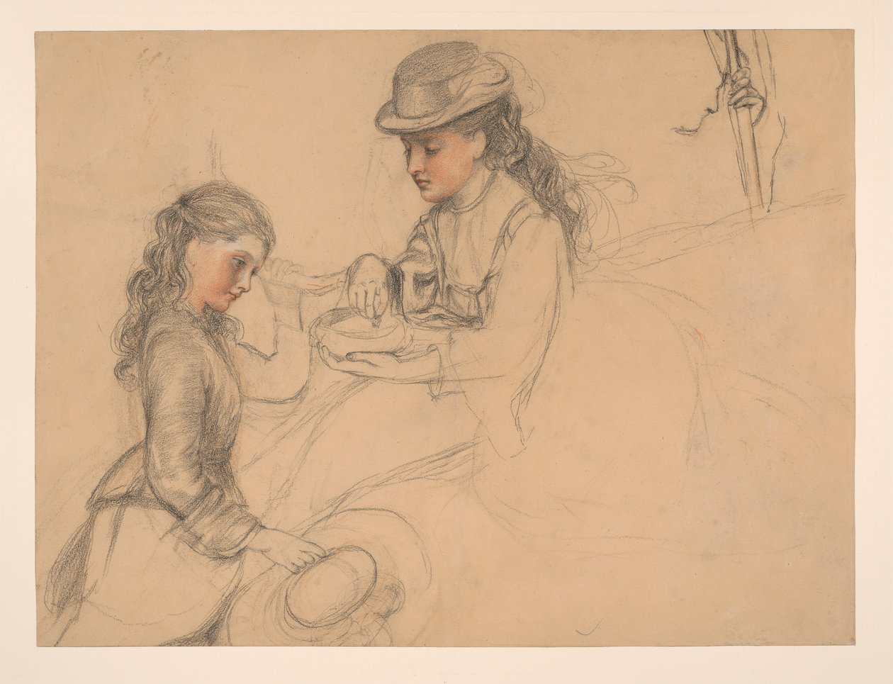 Tanulmány két lányról, jobbra egy kéz tanulmányozásával alkotó: Frederick Sandys