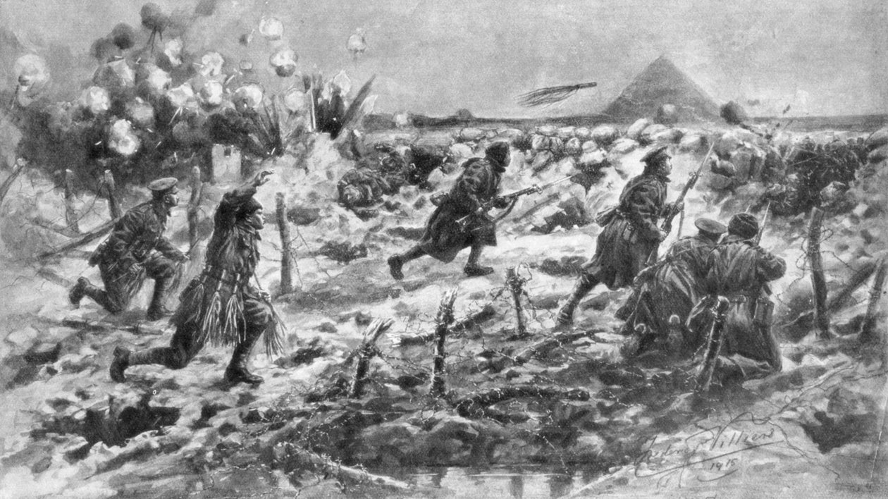 Brit támadás szurony és gránát segítségével, Neuve-Chapelle, Franciaország, 1915. március 10., 1926. alkotó: Frederick Villiers