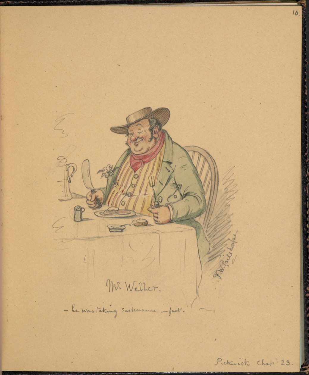 F. 10: Jelenet a Pickwick Papersból, Weller úr, „Vázlatfüzet Charles Dickens-történetek jeleneteivel” (ceruza és akvarell papíron) alkotó: Frederick W. Pailthorpe