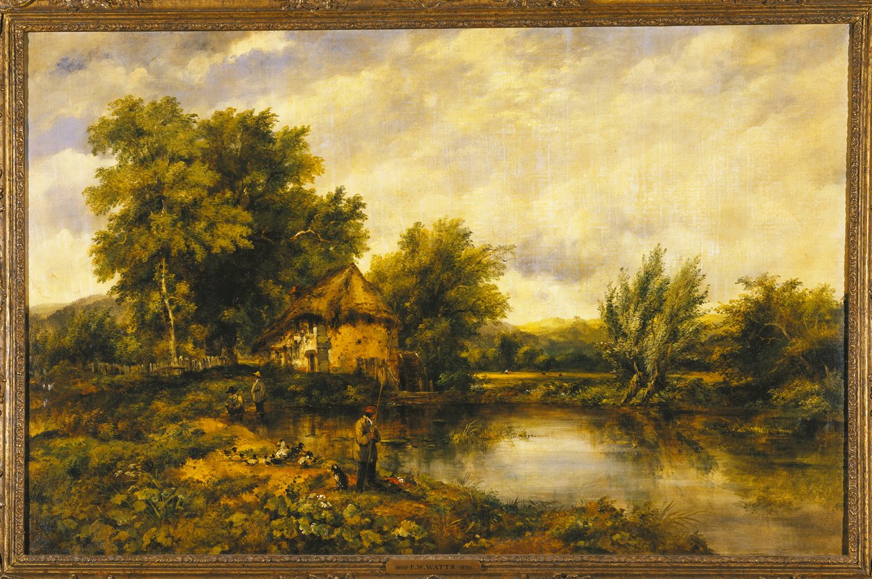Folyói táj horgászral a malom mellett alkotó: Frederick Waters Watts