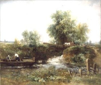Folyó lovakkal és átkelés és csónak alkotó: Frederick Waters Watts