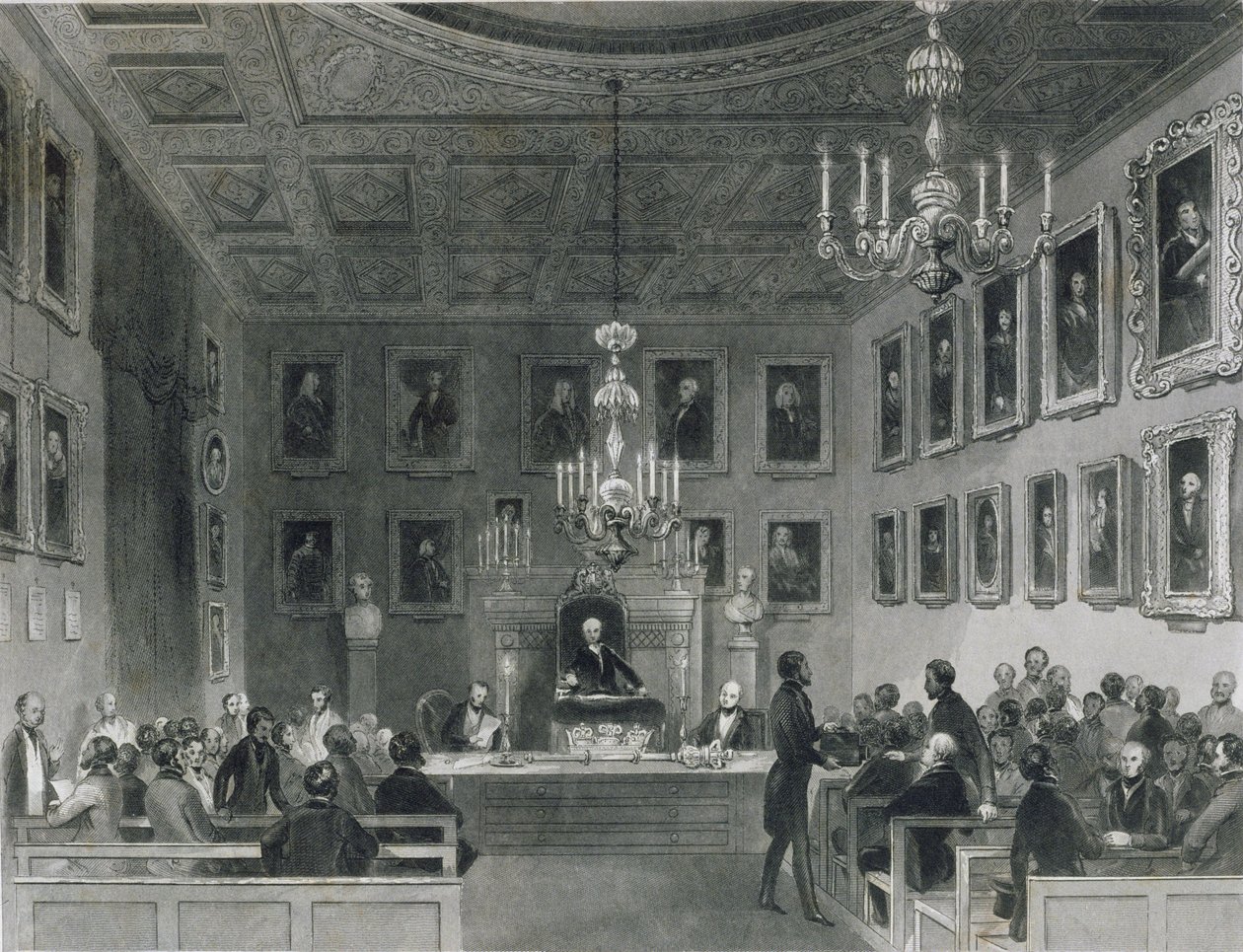Kilátás a Somerset-ház belsejére, a Királyi Antikvár Társaság találkozóját mutatja, 1840 körül alkotó: Frederick William Fairholt