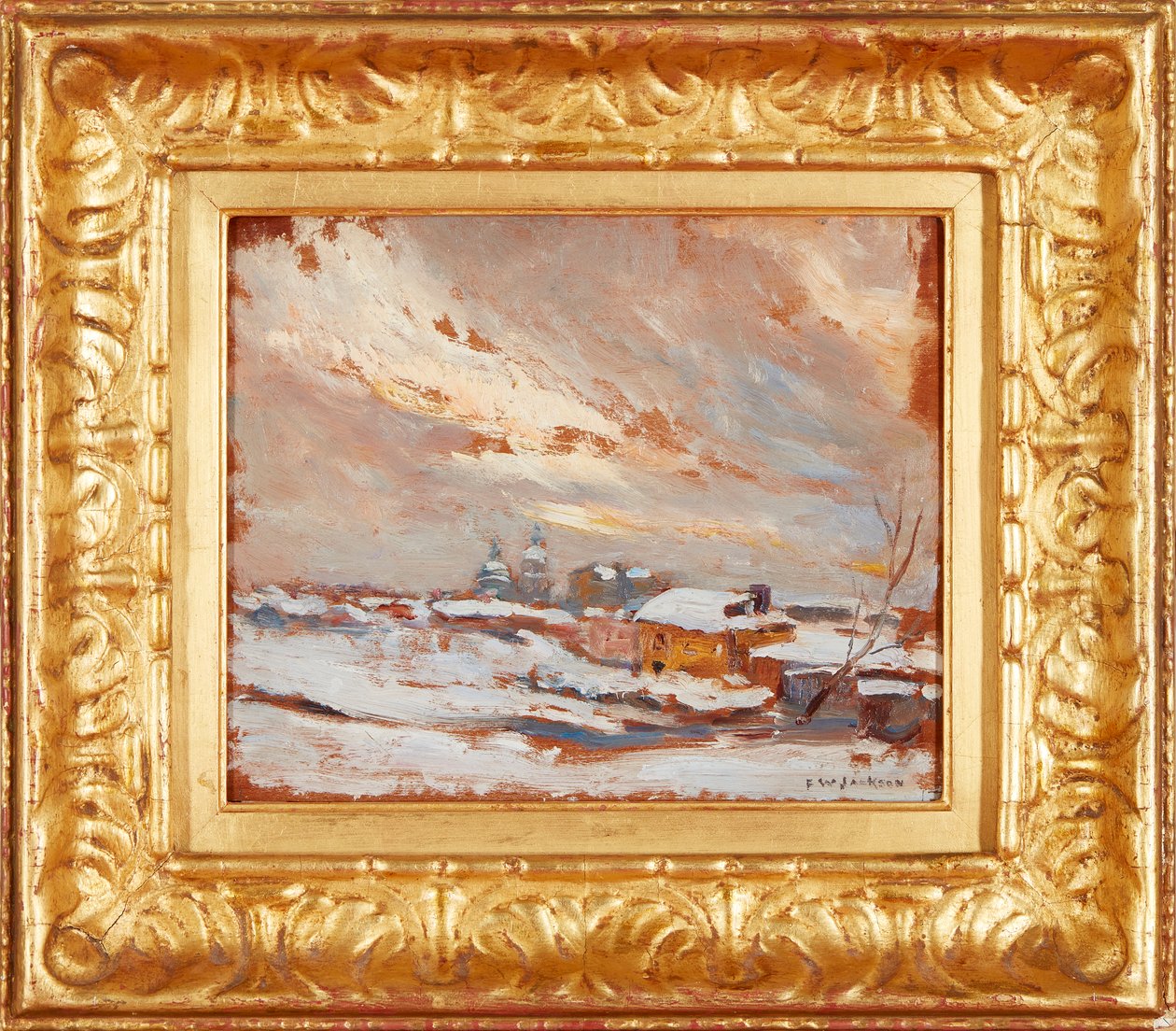 Téli táj távoli kupolákkal, Oroszország (olaj, tábla) alkotó: Frederick William Jackson