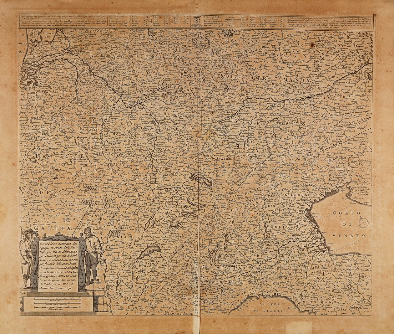 Közép-Észak-Európa és Észak-Olaszország, Frederik de Wit térképe, Amszterdam, Rézmetszet alkotó: Frederick de Wit