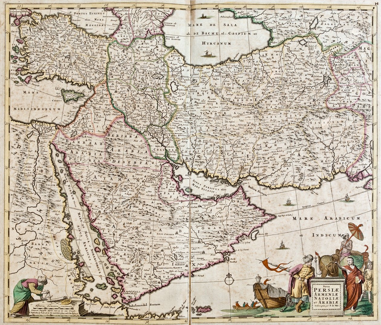 Perzsia (Irán), Örményország, Anatólia (Törökország) és Arábia (Arab-félsziget: Szaúd-Arábia, Kuvait, Egyesült Arab Emírségek, Omán, Katar, Jemen, Bahrein) térképe (rézkarc) alkotó: Frederick de Wit