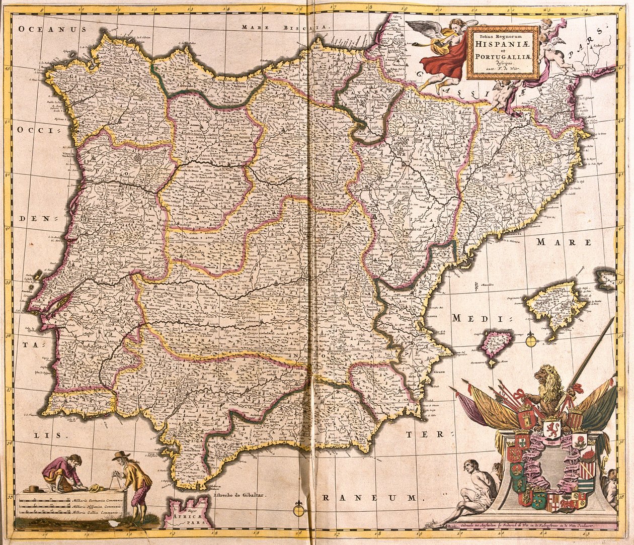 Az Ibériai-félsziget, Spanyolország és Portugália térképe (rézkarc alkotó: Frederick de Wit