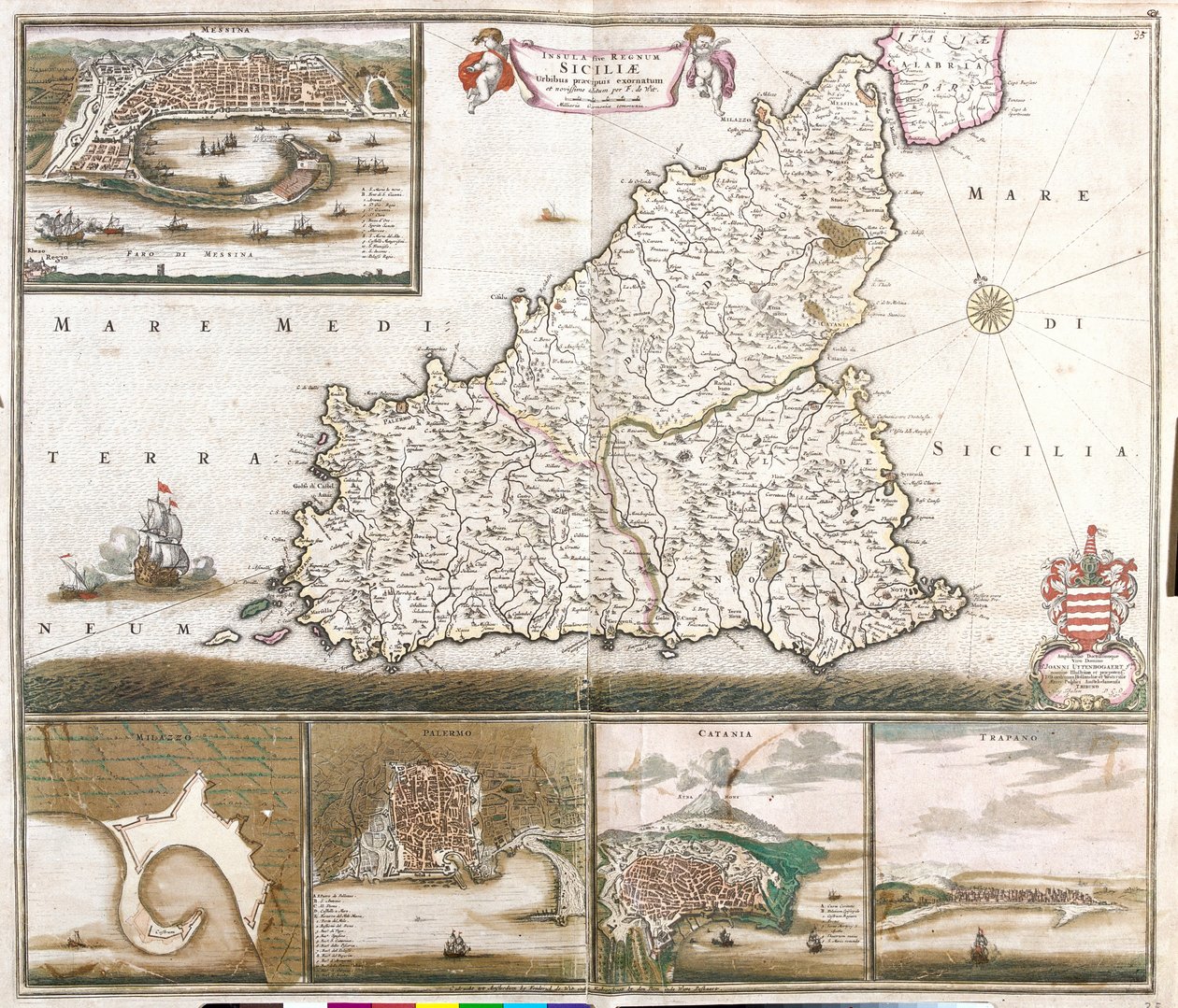 A Szicíliai Királyság térképe (Olaszország), kilátással Messina, Milazzo, Palermo, Catania és Trapano városaira (rézkarc alkotó: Frederick de Wit