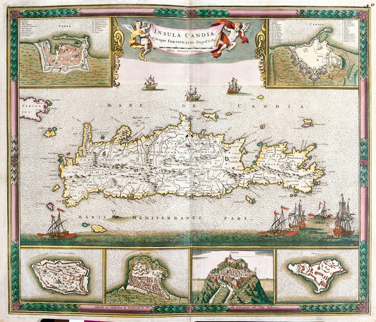 Kréta szigetének térképe, kilátással La Cane és Heraklion erődített városaira, valamint Spinalonga, Retino, Thine és Souda erődítményeire (rézkarc alkotó: Frederick de Wit