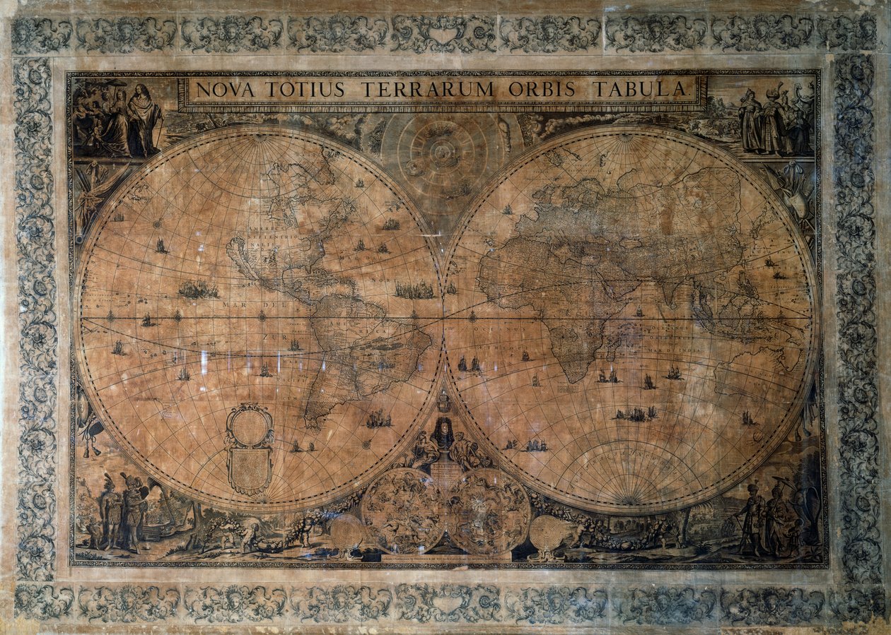 Nova Totius Terrarum Orbis Tabula, Frederick de Wit (1629-1630 - 1706) kettős féltekés világtérképe, I. József császárnak szentelve, rézmetszet alkotó: Frederick de Wit