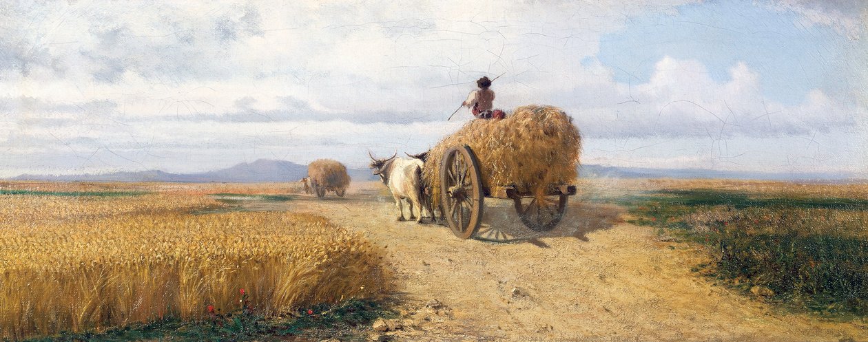 Búzamező, 1868 körül, Federico Rossano (1835-1912) festménye, olaj, vászon, 30x73 cm alkotó: Frederico Rossano