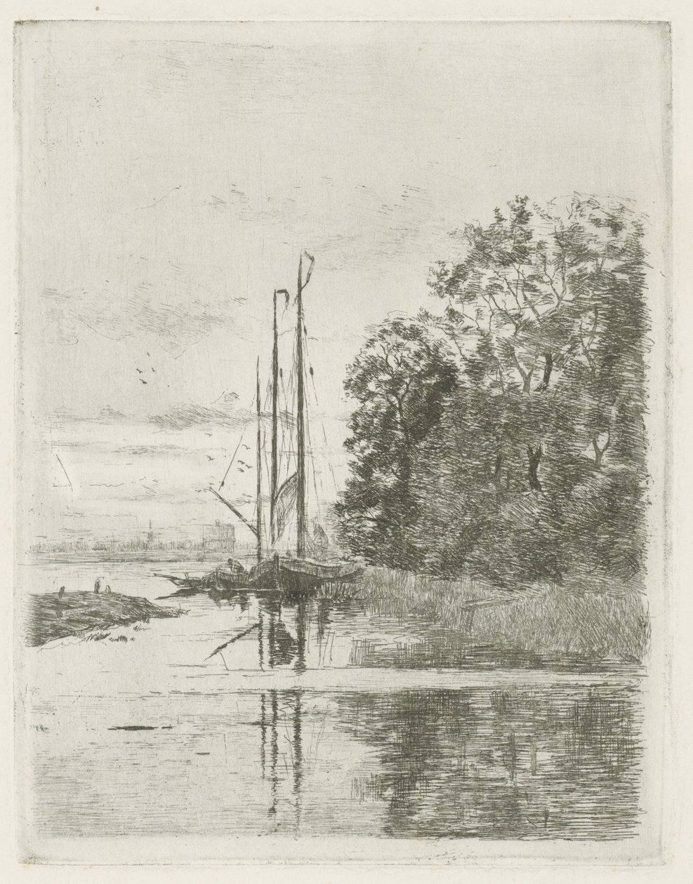 Kilátás a folyóra két hajóval és egy bárkával. alkotó: Fredericus Jacobus van Rossum du Chattel (signed by artist)