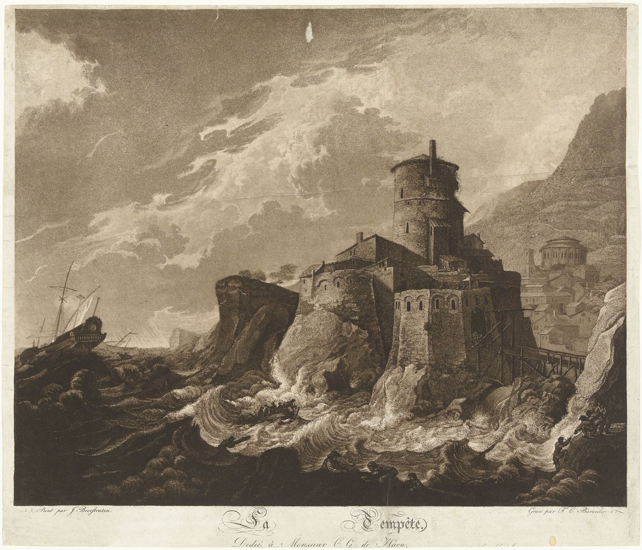 Kastély a sziklás parton és a hajók viharban a tengeren La Tempête (cím az objektumon) alkotó: Frederik Christiaan Bierweiler