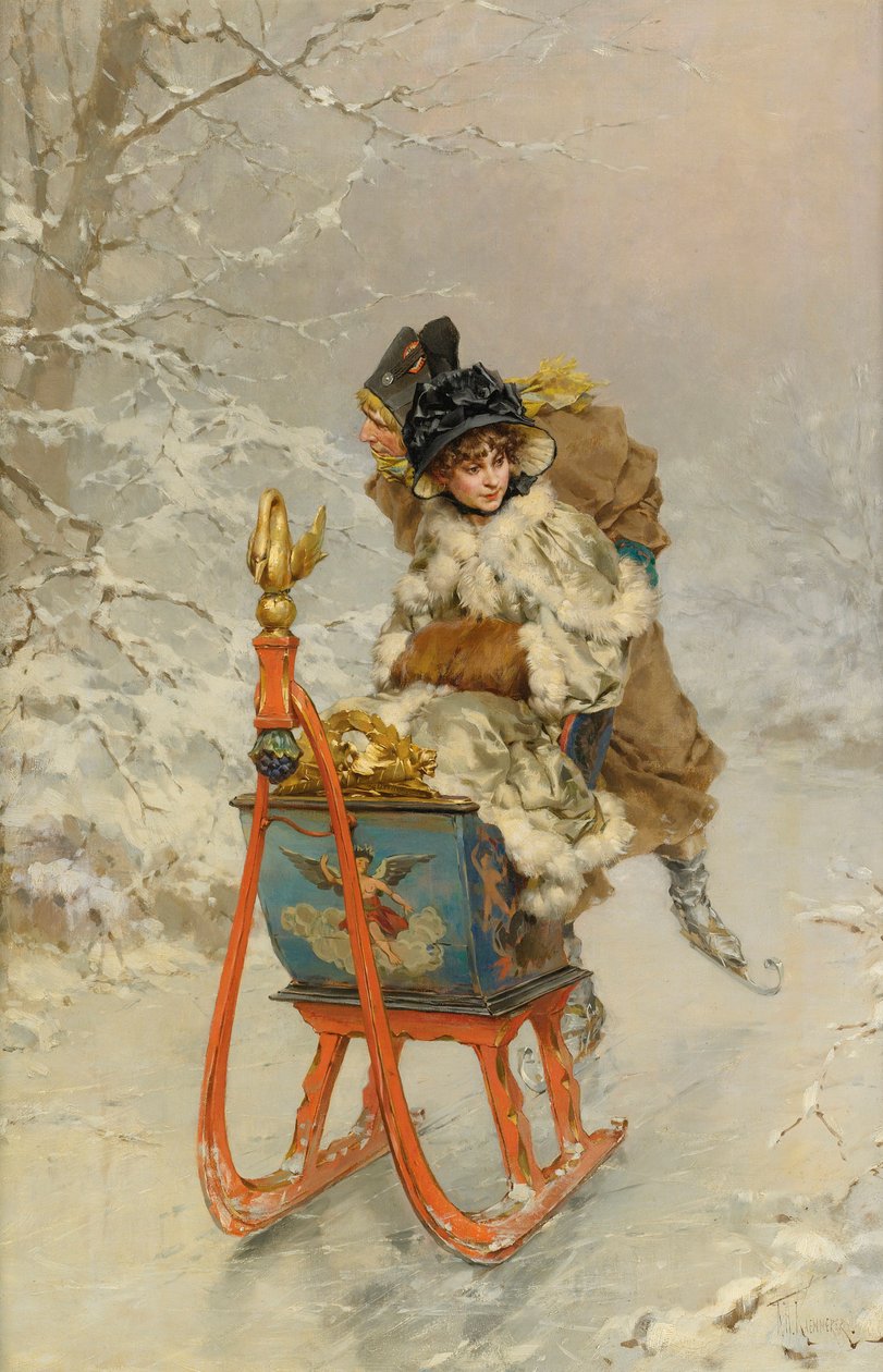 ""La promenade en luge"" (Szánkózás) Peinture de Frederik Hendrik Kaemmerer (1839-1902) - Olaj, vászon, 59,9x40,1 - Magángyűjtemény alkotó: Frederik Hendrik Kaemmerer