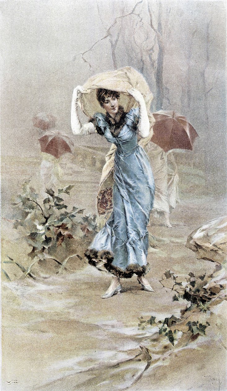 Nő, aki megvédi magát az esőtől - kora ősz allegóriája, Hubert Dys illusztrálta naptár, F. H. Kaemmerer festette alkotó: Frederik Hendrik Kaemmerer