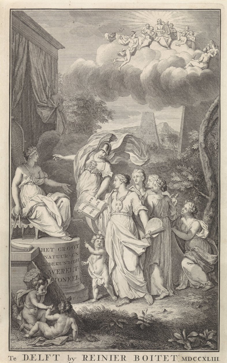Minerva és a művészetek egy trónoló figurának Címlap ehhez: The Groot Natuur-en Zedekundigh Wereldtoneel, Delft, R. Boitet, 1743 alkotó: Frederik Ottens