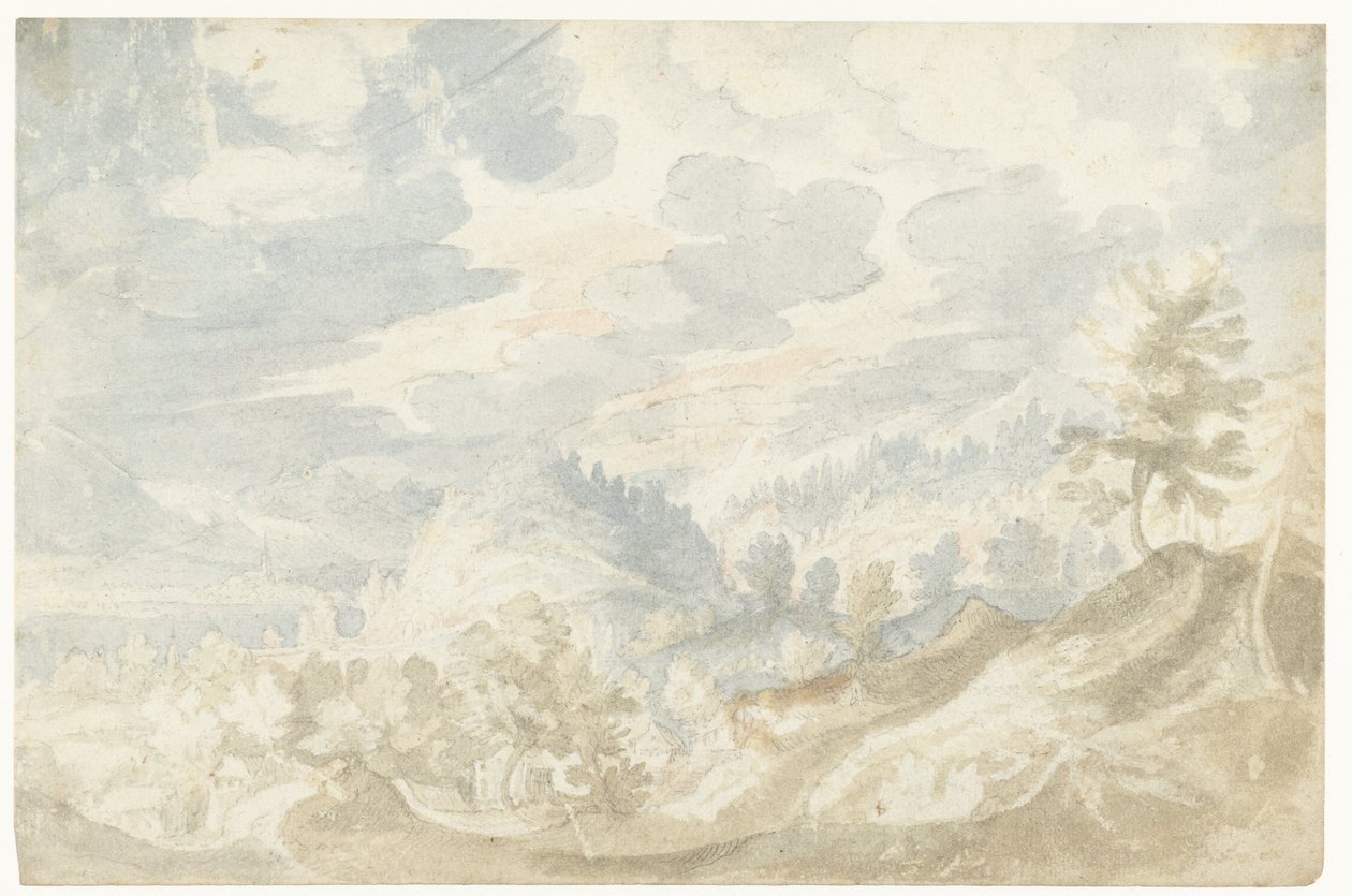 Hegyi táj, kilátással a völgyre (a Dunára?) és a templomtoronyra alkotó: Frederik van Valckenborch