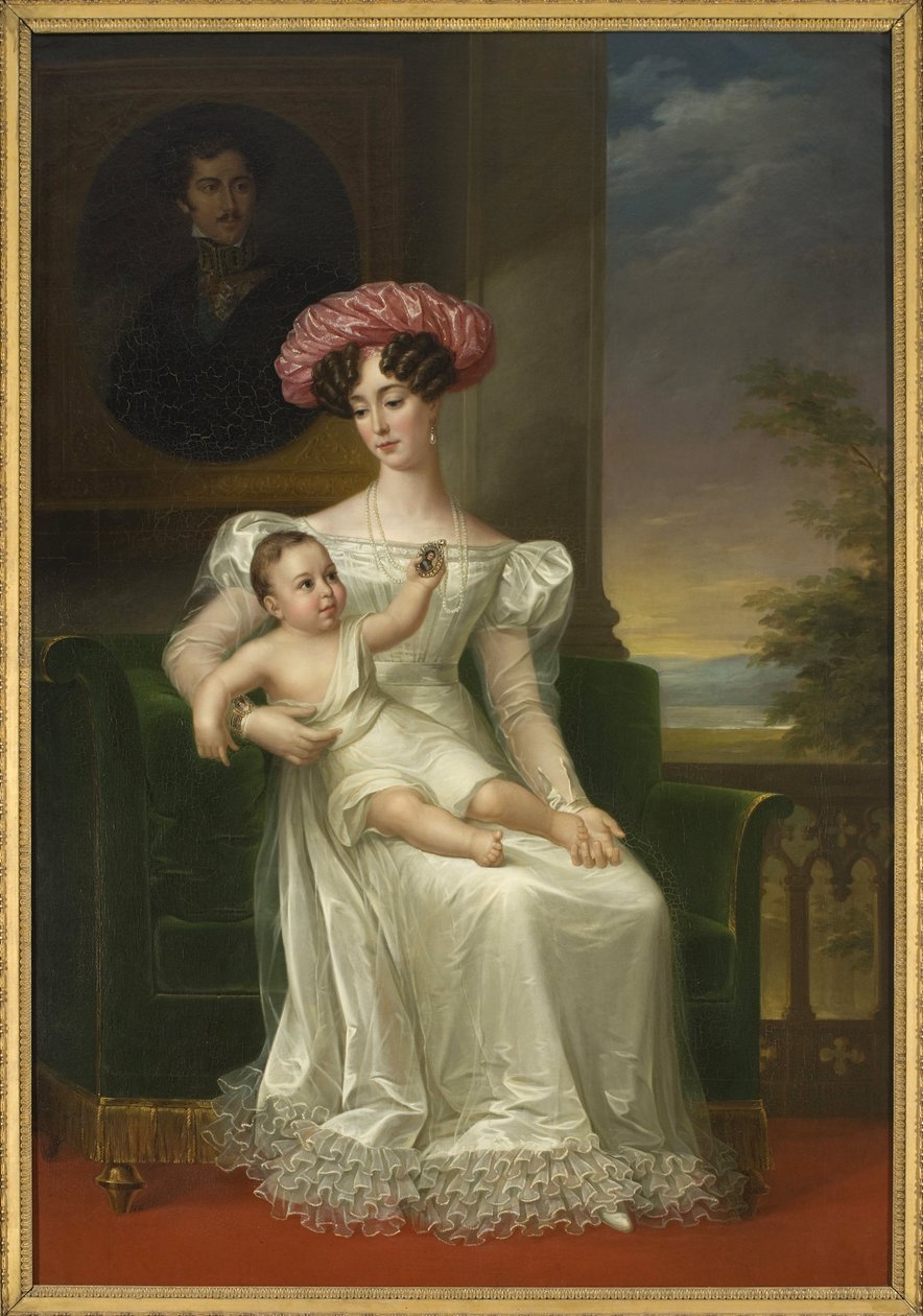 Leuchtenbergi Josephine, Svédország és Norvégia királynője (karjában XV. Károly fiával, I. Oszkár király portréja előtt ülve) – Leuchtenbergi Josephine (1807-1876), svéd és norvég királynő portréja, Westin , Fredric (1782-1862). Olaj c alkotó: Fredric Westin