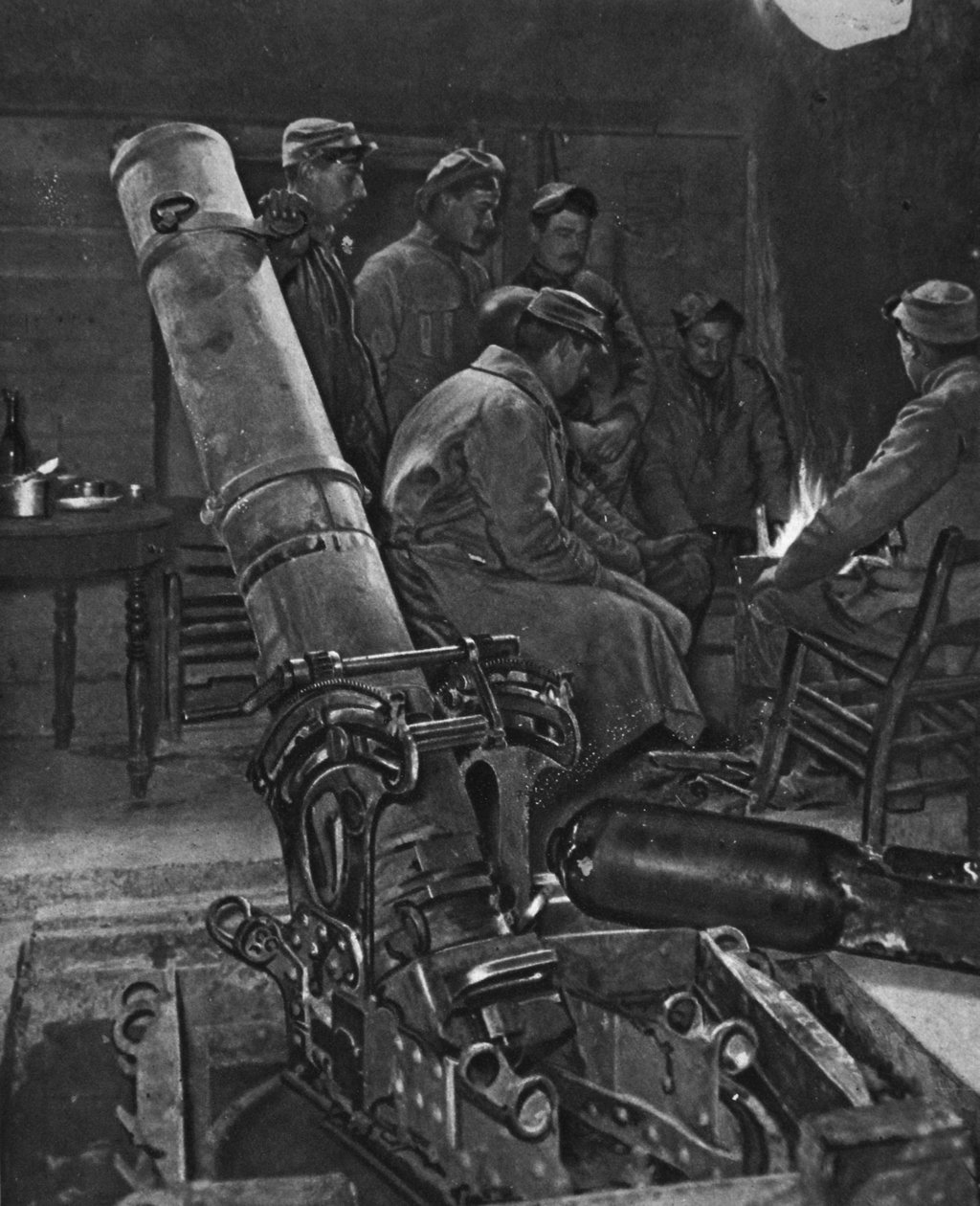 Egy francia lövészárok-habarcs a téli barlangjában, illusztráció a The Illustrated War Newsból, 1917. március 7. alkotó: French Photographer