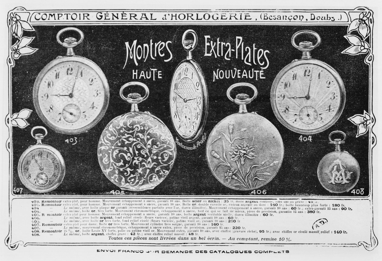 FOB órák reklámja, Comptoir General dhorlogerie, 1900 körül alkotó: French Photographer