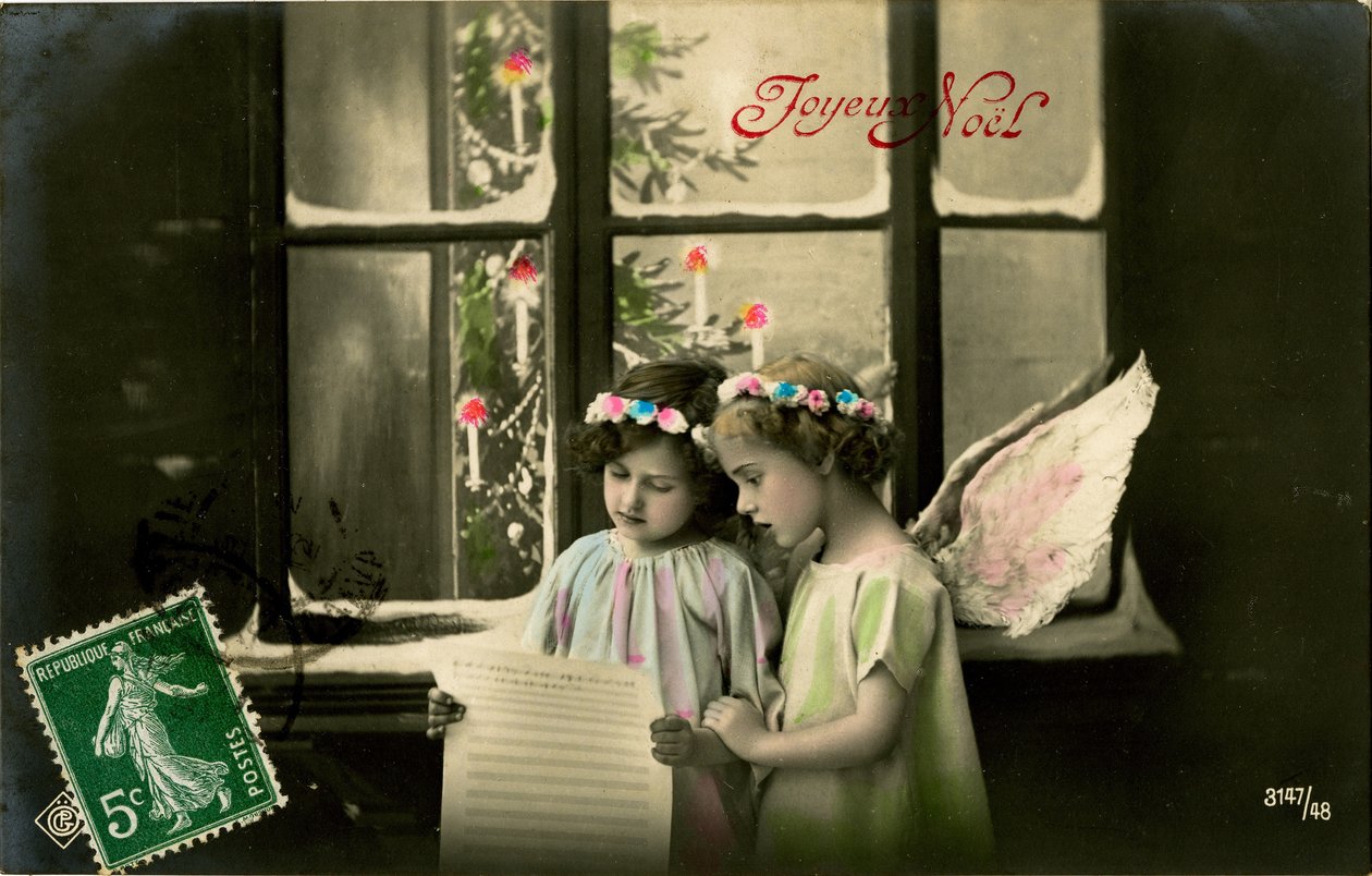 Angyali lányok, francia karácsonyi képeslap (színezett fotó) alkotó: French Photographer