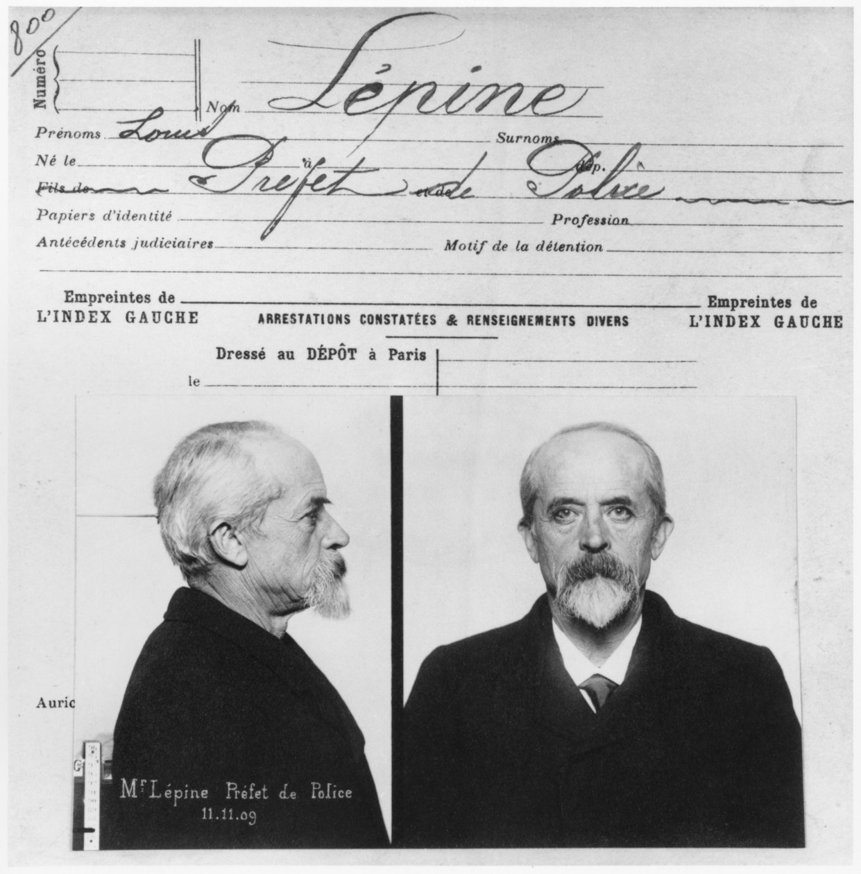 Louis Jean-Baptiste Lepine, Prefet de Police antropometrikus rendőrségi nyilvántartása, 1909. november 11. alkotó: French Photographer