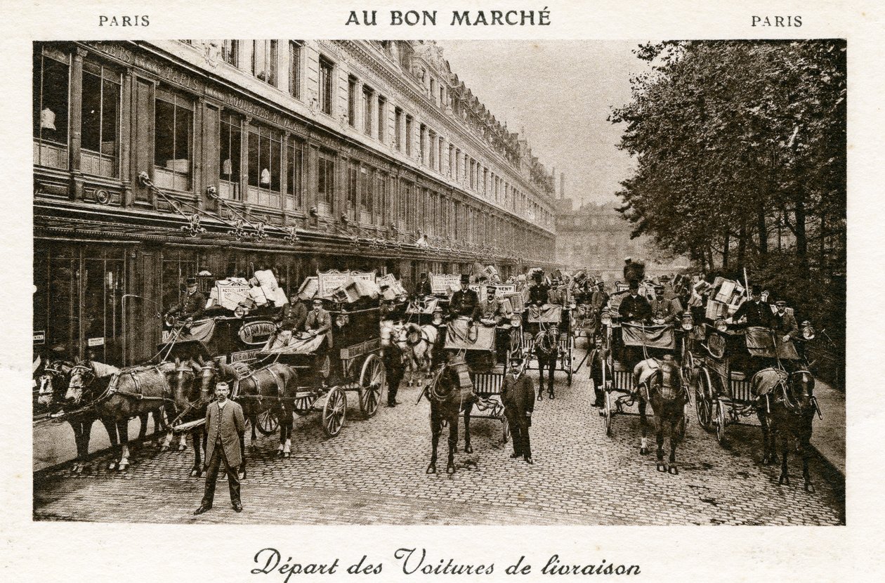 Szállító furgonok indulása a Bon Marché Áruházakból, Párizs, 1890 körül alkotó: French Photographer