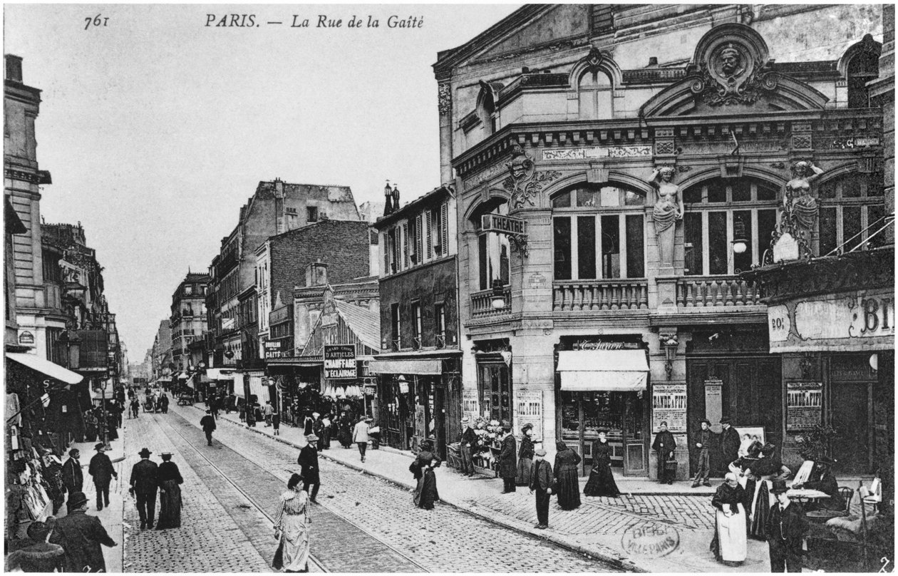 A párizsi Rue de la Gaite-t ábrázoló képeslap 1914 előtt alkotó: French Photographer