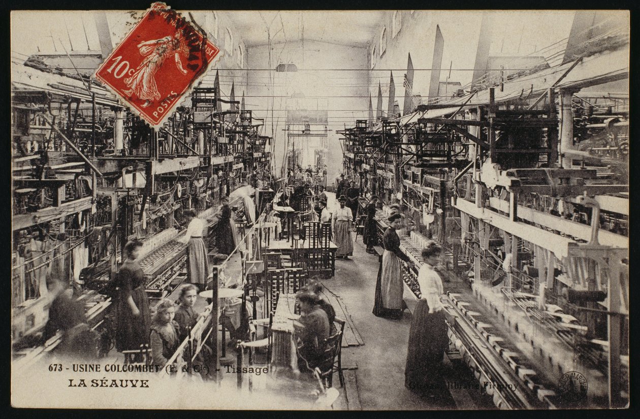 Képeslap, amely a Haute-Loire állambeli La Seauve-i Colcombet szövőgyárat ábrázolja, 1900 körül alkotó: French Photographer