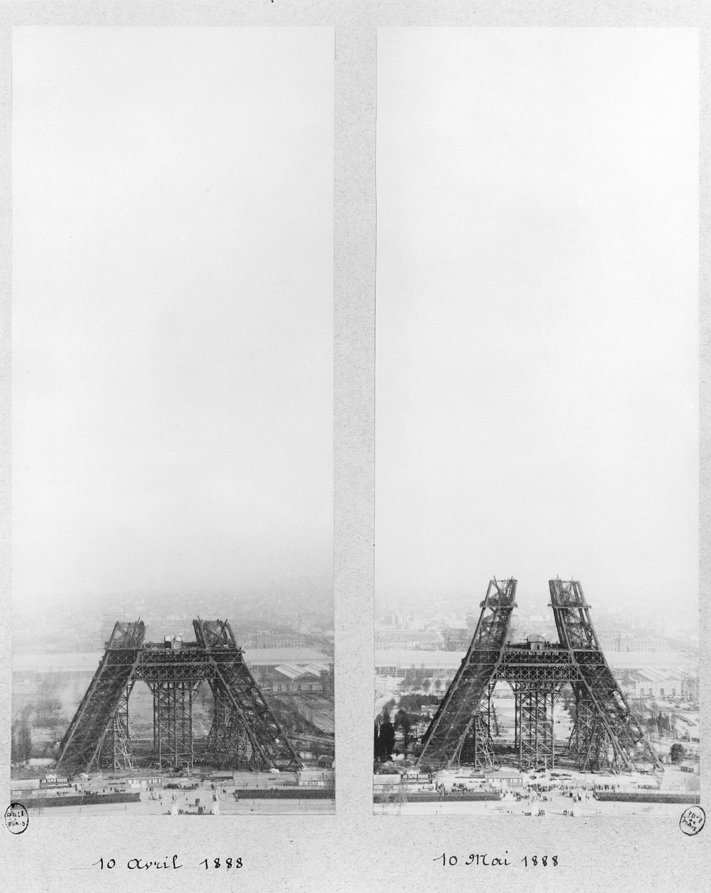 Két nézet az Eiffel-torony építkezéséről, Párizs, 1888. április 10. és május 10. alkotó: French Photographer